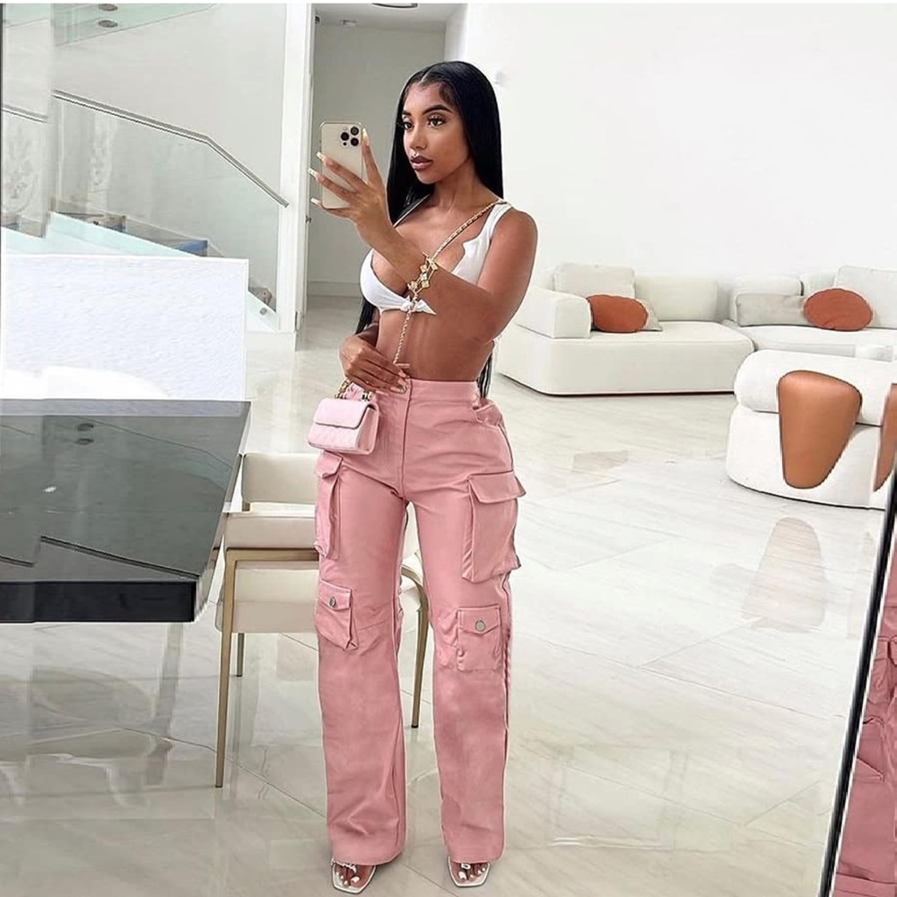 Pink cargo leather pants